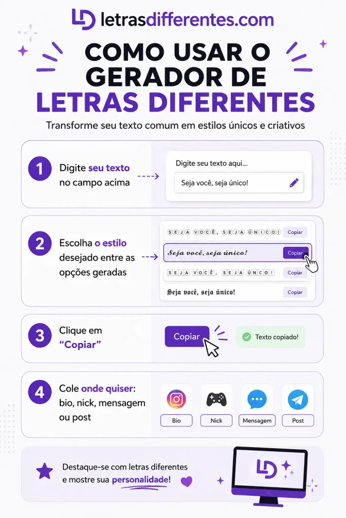 Letras Diferentes | Letras ꧁༺𝔹𝕠𝕟𝕚𝕥𝕒𝕤༻꧂ & Personalizadas 1 Como Usar o Gerador de Letras Diferentes